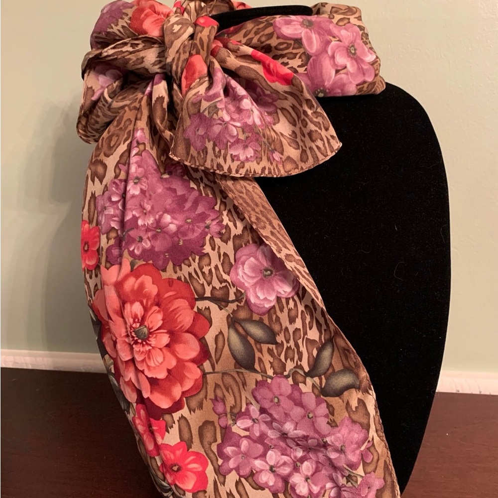 Vintage 90s Silk Scarf long oblong - floral and leopard